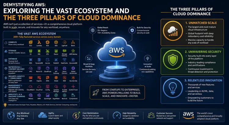 Demystifying AWS: Exploring the Vast Ecosystem and the Three Pillars of Cloud Dominance